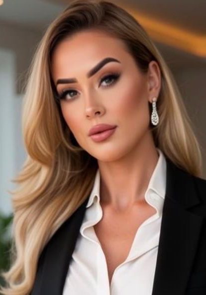 A woman with long blonde hair wearing a black blazer, white blouse, and drop earrings stands indoors with a neutral expression.